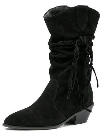Fringe Lace-Up Western Mid-Calf Boots 2