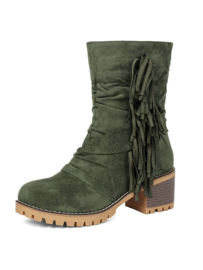 Suede 2-Way Fold-Over Fringe Chunky Heel Boots