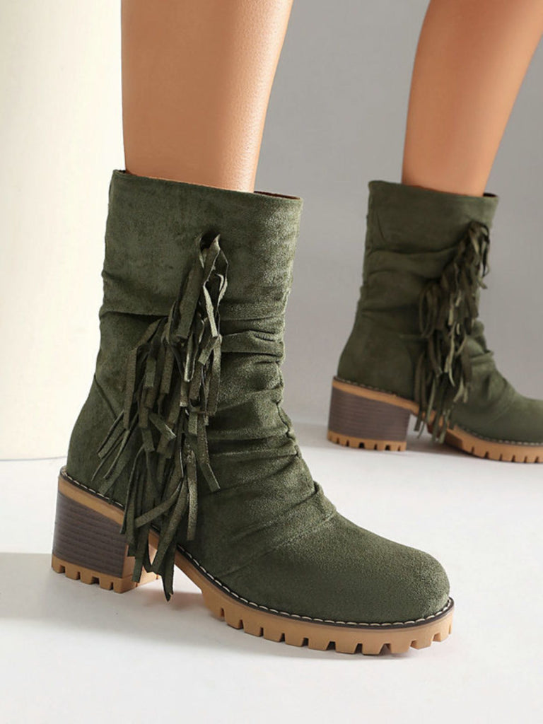 Suede 2-Way Fold-Over Fringe Chunky Heel Boots