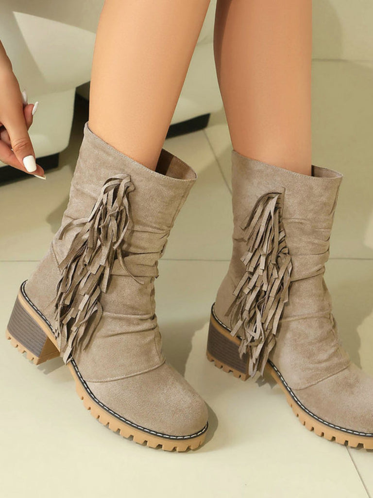 Suede 2-Way Fold-Over Fringe Chunky Heel Boots