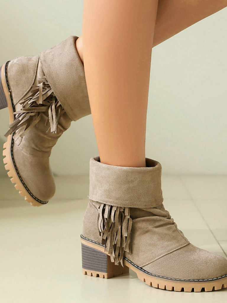 Suede 2-Way Fold-Over Fringe Chunky Heel Boots