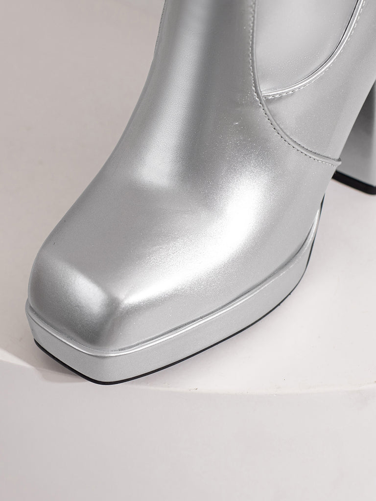Patent Leather Round Toe Solid High Heel Boots, vintage fashion, retro style, classic design, women, elegant
