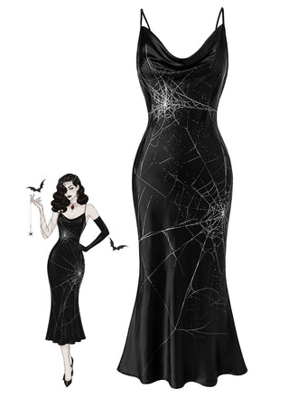 Black 1930s Satin Spider Web Cowl Neck Maxi Dress