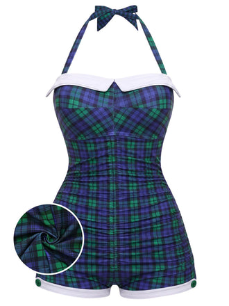 Blue-Green Gingham 1950s Halter Bowknot One-piece Swimsuit, vintage swimsuit, pin-up swimwear - perfect for women who love vintage and retro fashion