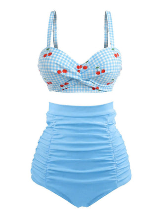 [Pre-Sale] Sky Blue 1940s Plaid Cherry Vintage Bikini Set