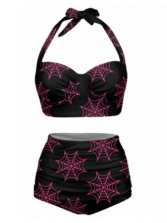 Black 1950s Floral Print Lace-Up Halter Swimsuit, vintage swimsuit, pin-up swimwear - perfect for women who love vintage and retro fashion