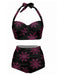 Black 1950s Floral Print Lace-Up Halter Swimsuit, vintage swimsuit, pin-up swimwear - perfect for women who love vintage and retro fashion