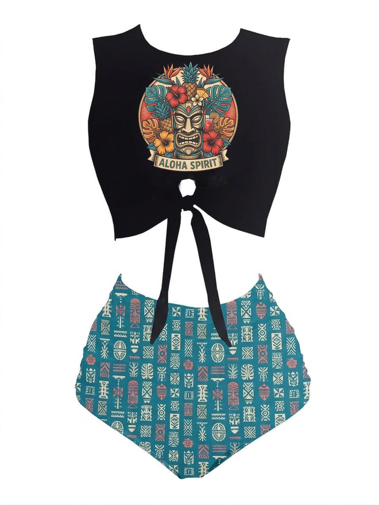 1980s Punk Waist Tie Skeleton Beach Print Bikini Set, vintage swimsuit, pin-up swimwear - perfect for women who love vintage and retro fashion