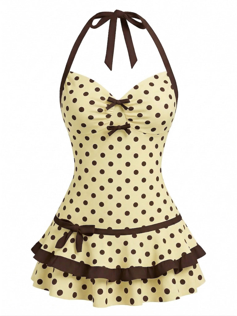 [Pre-Sale] Cream 1940s Halter Bow Polka Dot Swim Dress - vintage dress, retro fashion for vintage lovers