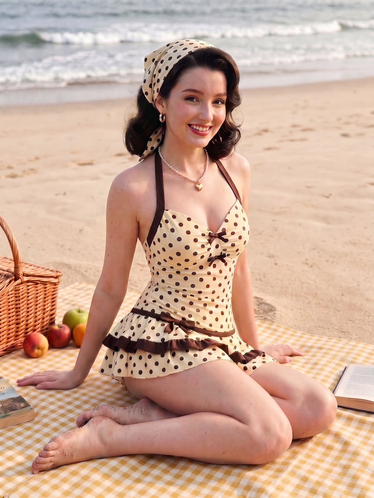 [Pre-Sale] Cream 1940s Halter Bow Polka Dot Swim Dress - vintage dress, retro fashion for vintage lovers