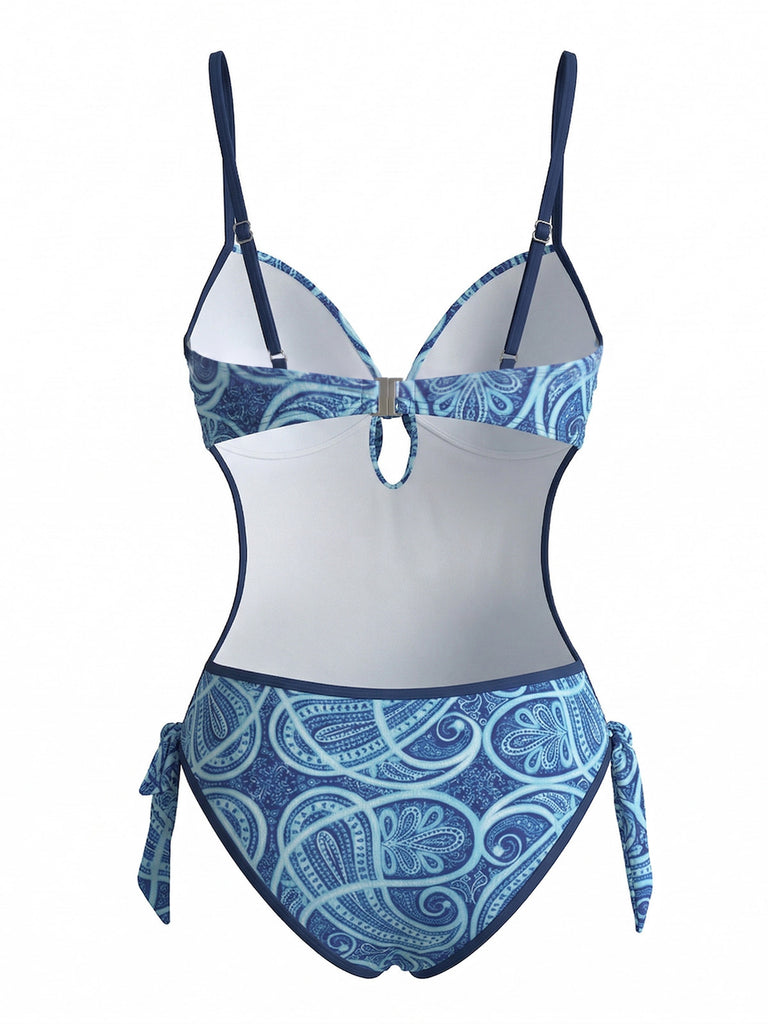 Blue 1970s Boho Paisley Print Cutout One-Piece Swimsuit, vintage swimsuit, pin-up swimwear - perfect for women who love vintage and retro fashion