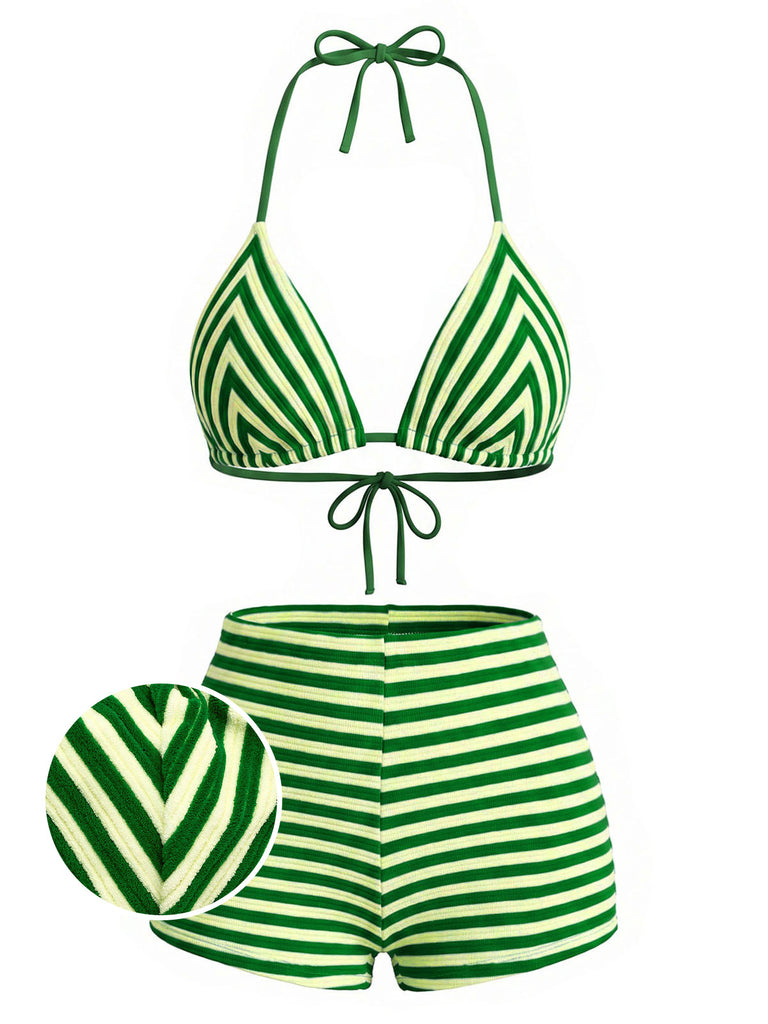 Green 1950s Striped Terry Halter Bikini Set