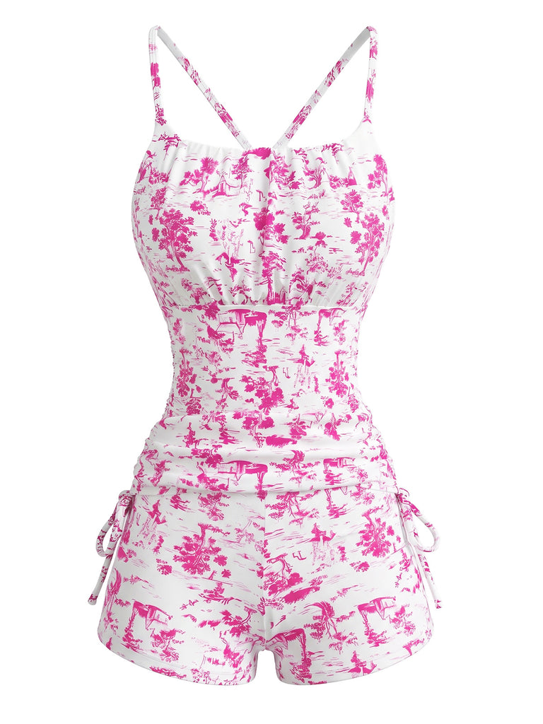 2PCS Blue 1950s Floral Pleated Tankini & High-Waist Shorts, vintage fashion, retro style - perfect for women who love vintage and retro fashion
