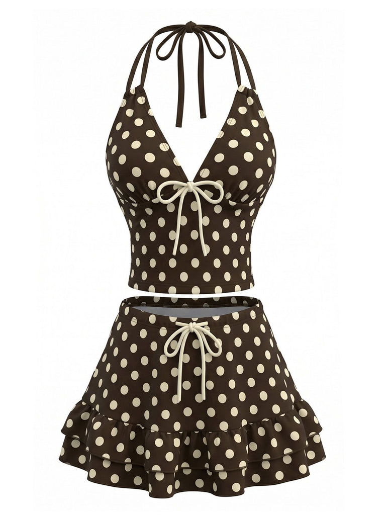 Brown 1950s Polka Dot Halter Ruffle Swimsuit, vintage swimsuit, pin-up swimwear - perfect for women who love vintage and retro fashion
