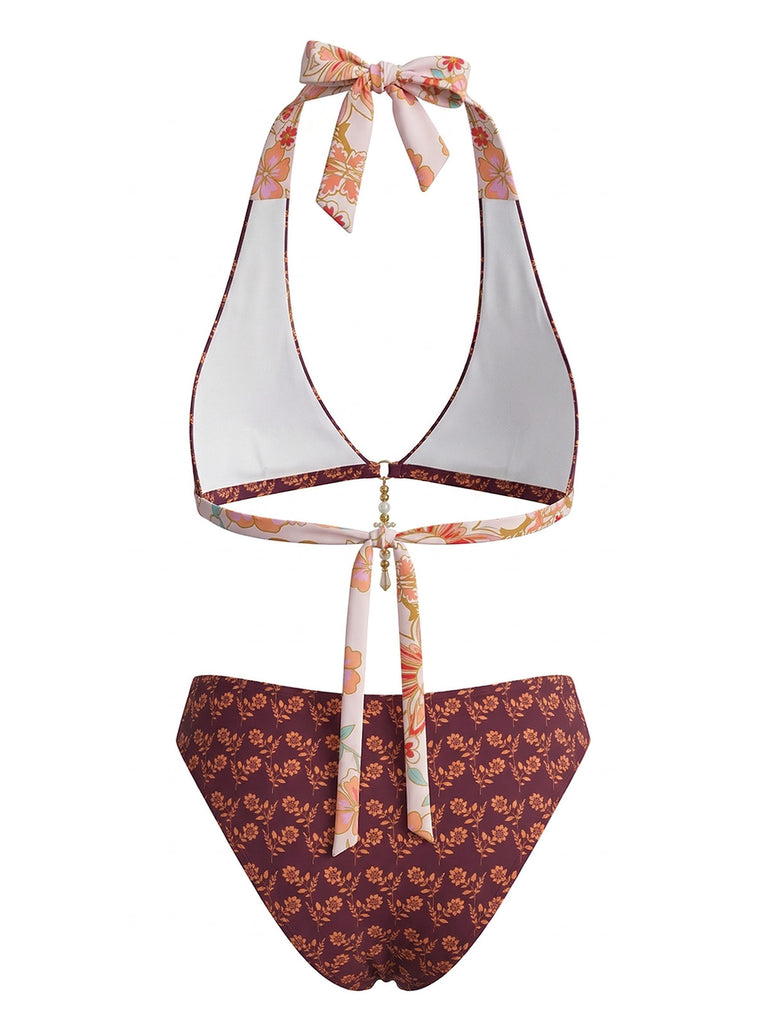 Brown 1940s Reversible Flower Halter Bikini Set, vintage swimsuit, pin-up swimwear - perfect for women who love vintage and retro fashion