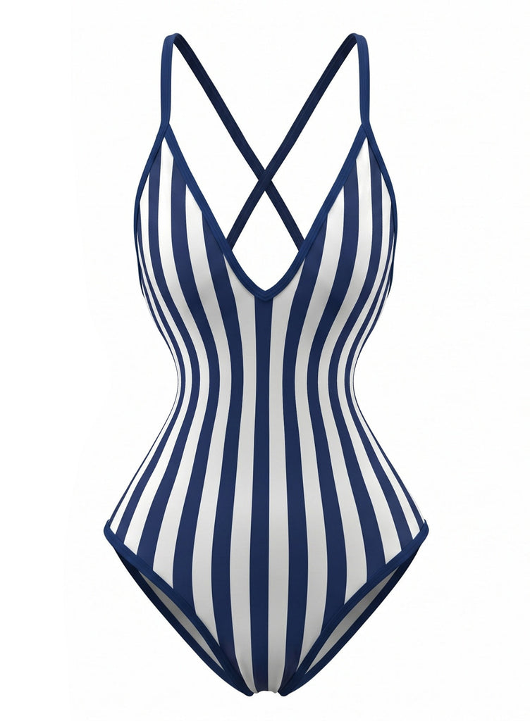 Navy 1980s Print Striped Fitted One Piece Swimsuit