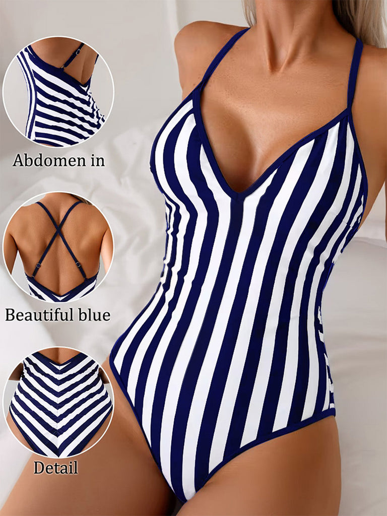 Navy 1980s Print Striped Fitted One Piece Swimsuit 4