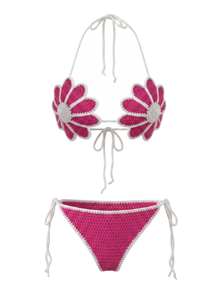 Rose Red 1980s Hand Crocheted Floral Bikini Set