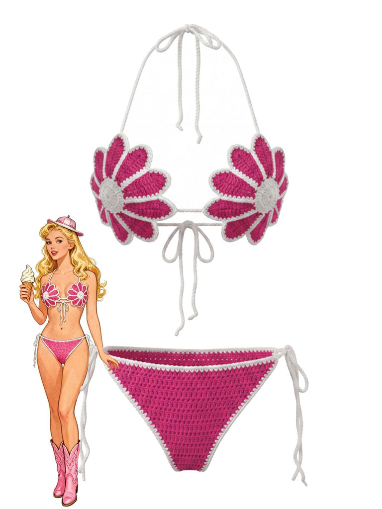Rose Red 1980s Hand Crocheted Floral Bikini Set