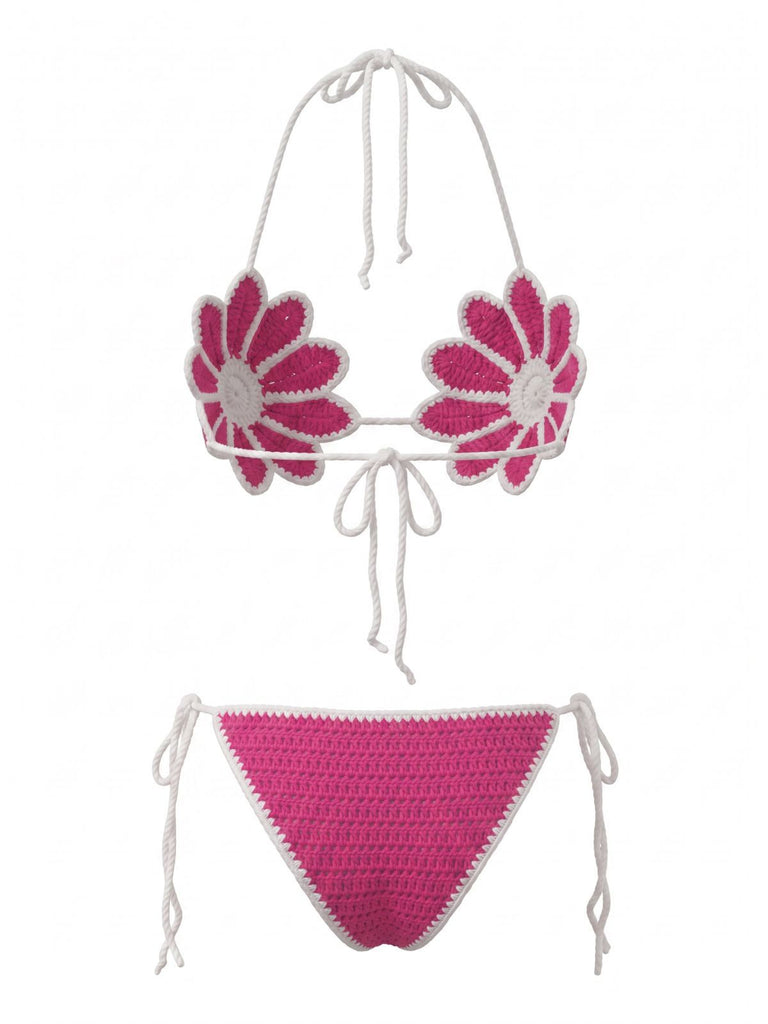Rose Red 1980s Hand Crocheted Floral Bikini Set