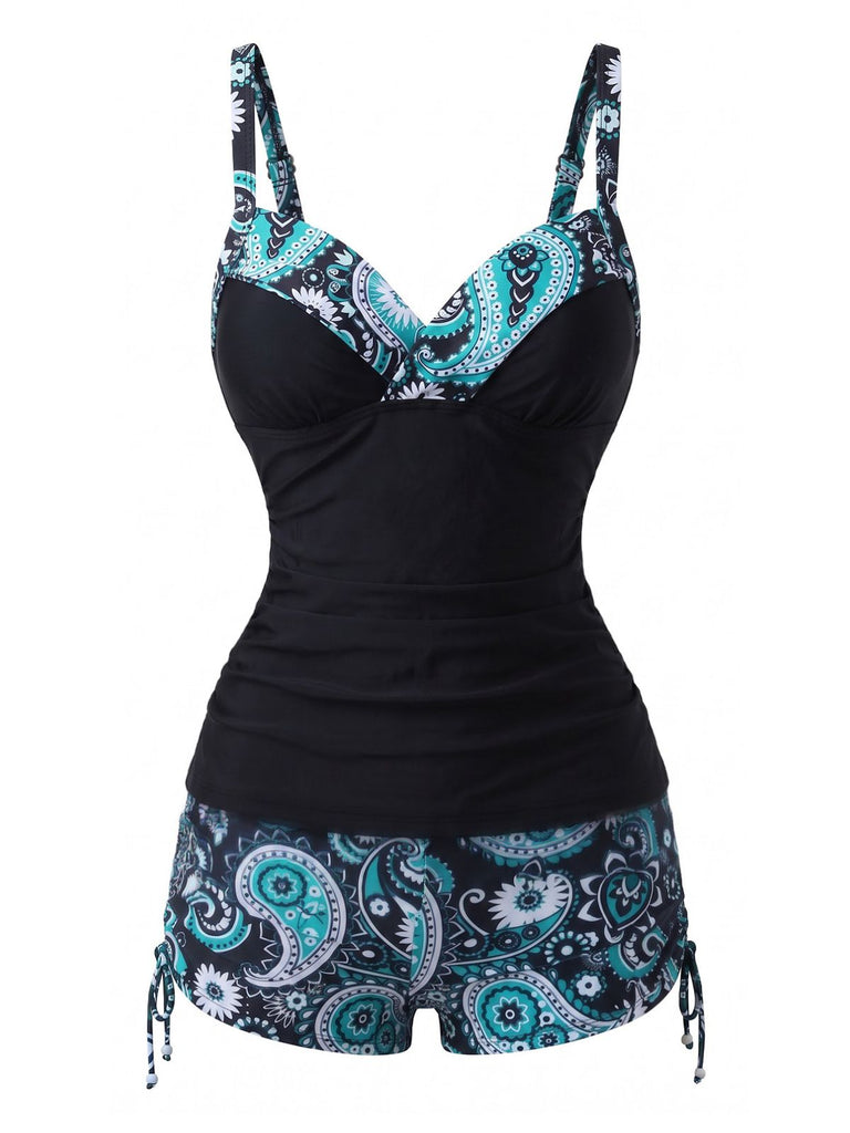 1970s Bohemian Strap V-Neck Tankini Set, bohemian cover up, beach wear - perfect for women who love vintage and retro fashion