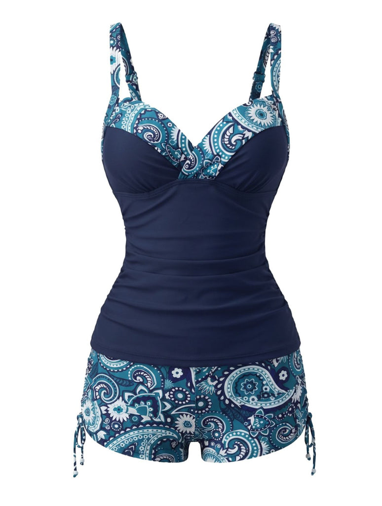 1970s Bohemian Strap V-Neck Tankini Set, bohemian cover up, beach wear - perfect for women who love vintage and retro fashion