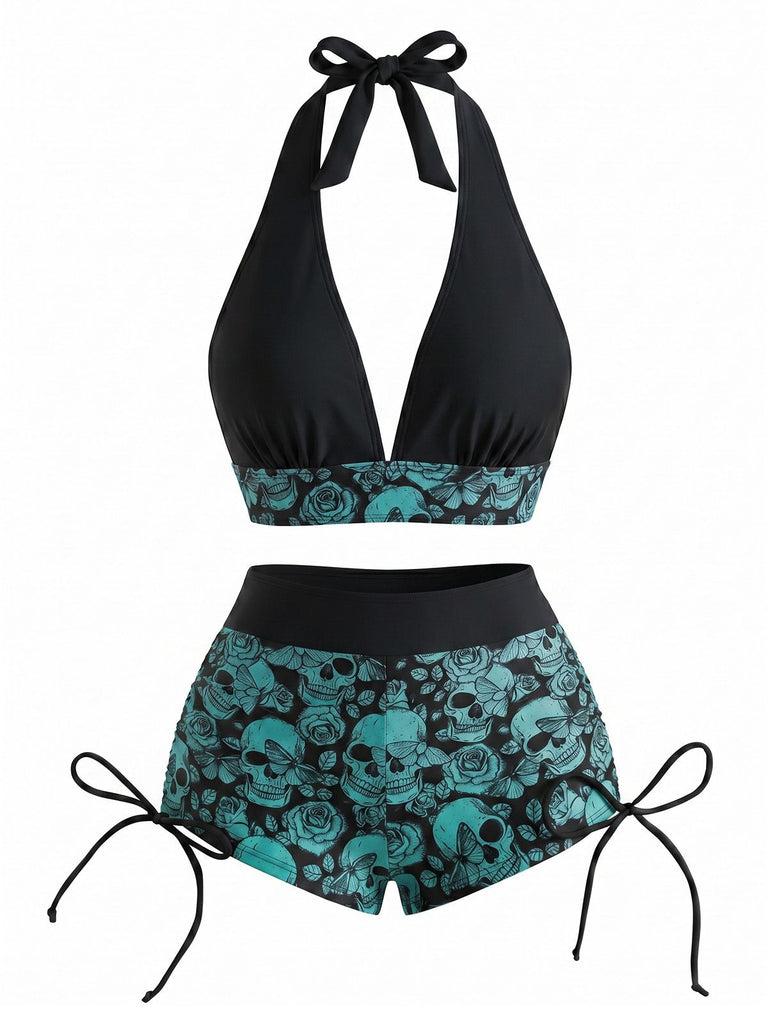 1980s Punk Halter Rock Skull Bikini Set, vintage swimsuit, pin-up swimwear - perfect for women who love vintage and retro fashion