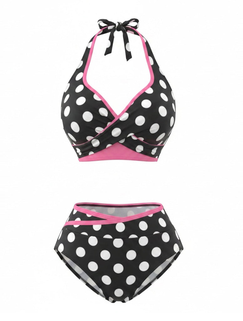 Black 1980s Wrap Two Piece Tankini Set