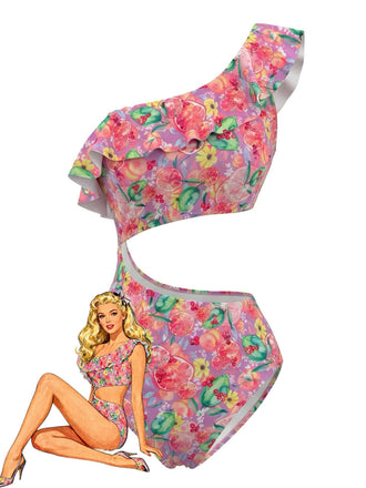 Pink 1980s Print One Shoulder One Piece One Piece Swimsuit