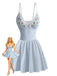 Blue 1980s Floral Embroidered Spaghetti Strap Tankini Set