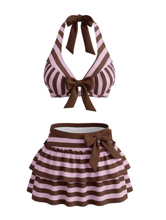 [Pre-Sale] Violet 1950s Striped Halter Bow Ruffle Bikini Set, vintage swimsuit, pin-up swimwear - perfect for women who love vintage and retro fashion