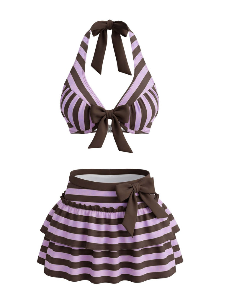 Violet 1950s Striped Halter Bow Ruffle Bikini Set