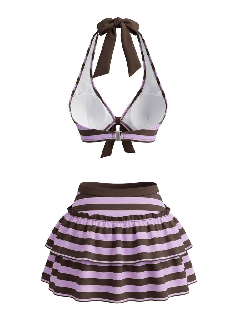 Violet 1950s Striped Halter Bow Ruffle Bikini Set