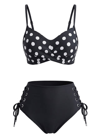 Black 1950s Polka Dot Tie Waist High Waist Tankini Set