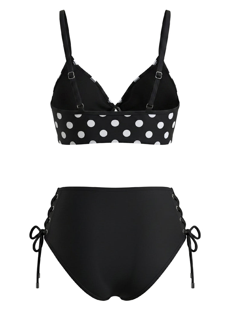 Black 1950s Polka Dot Tie Waist High Waist Tankini Set 2