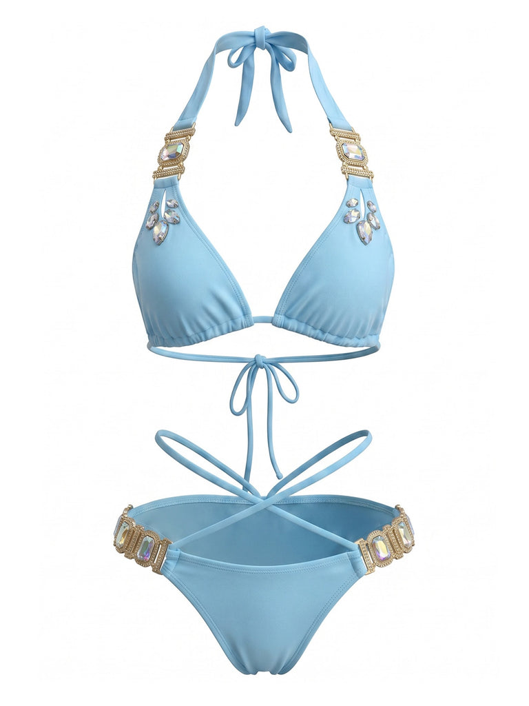 1980s Halter Rhinestone Strappy Bikini Set