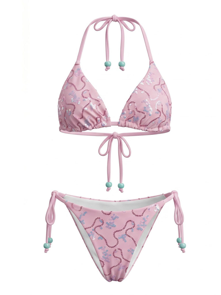 1980s Sequined Halter Beaded Lace-up Bikini Set, vintage swimsuit, pin-up swimwear - perfect for women who love vintage and retro fashion