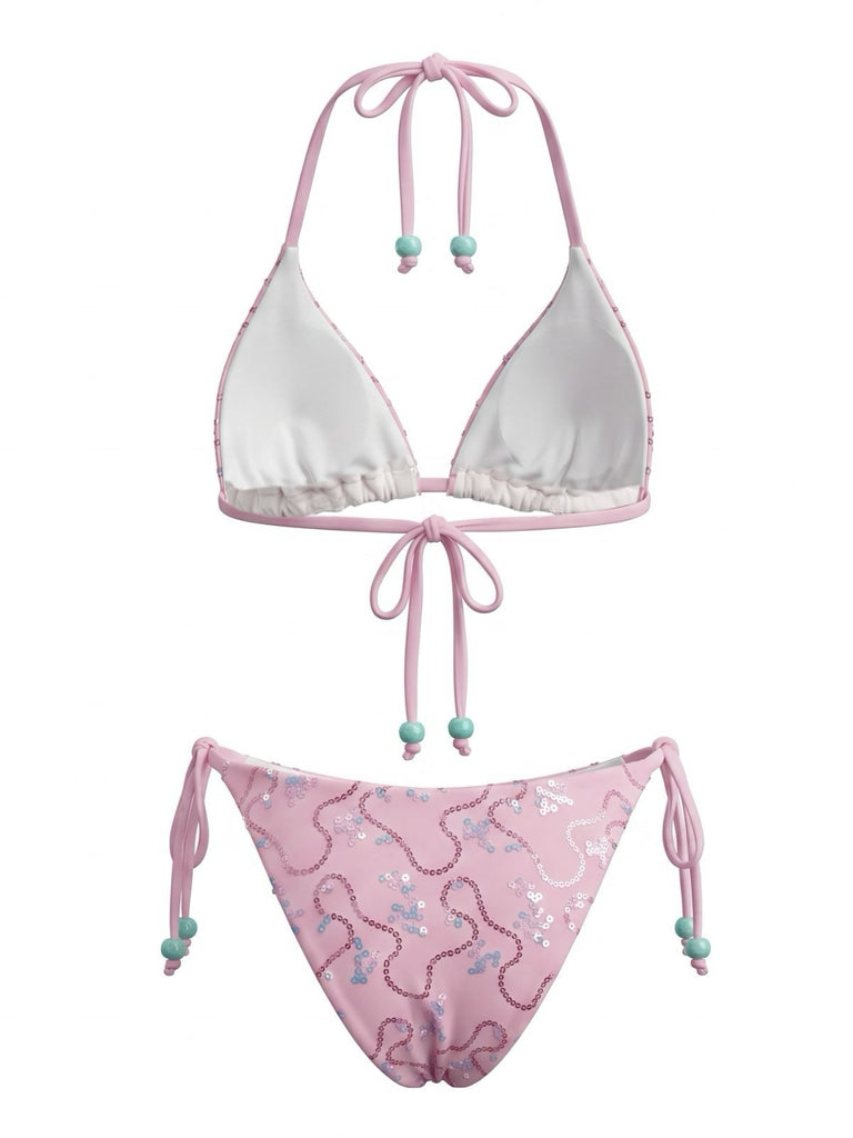 1980s Sequined Halter Beaded Lace-up Bikini Set, vintage swimsuit, pin-up swimwear - perfect for women who love vintage and retro fashion
