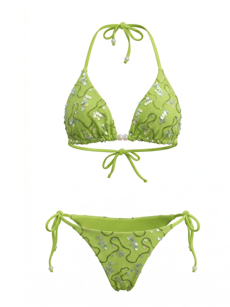 1980s Sequined Halter Beaded Lace-up Bikini Set, vintage swimsuit, pin-up swimwear - perfect for women who love vintage and retro fashion