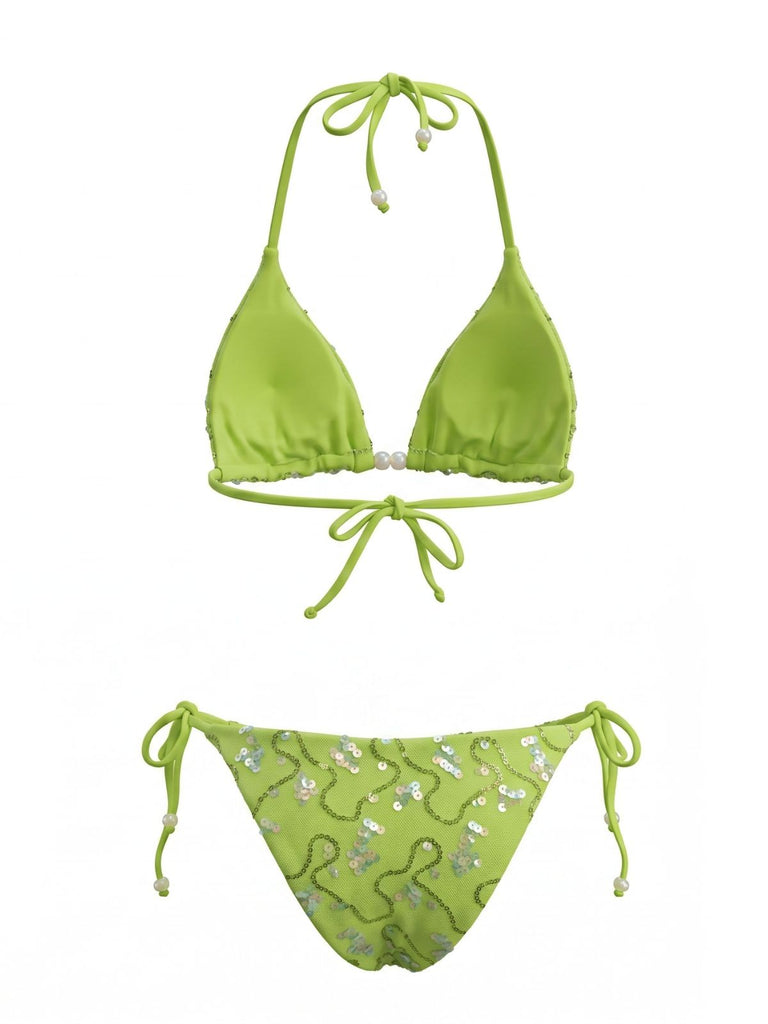 1980s Sequined Halter Beaded Lace-up Bikini Set, vintage swimsuit, pin-up swimwear - perfect for women who love vintage and retro fashion