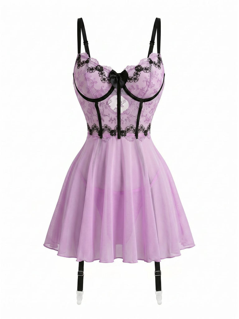 Lavender 1960s Embroidered Lace Trim Garter Bustier Lingerie, vintage tie, classic accessory - perfect for women who love vintage and retro fashion