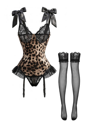 1950s Leopard Bow Strap Lace Lingerie Set with Stockings