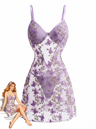 Lavender 1970s Mesh 3D Butterfly Embroidery Slip Nightgown