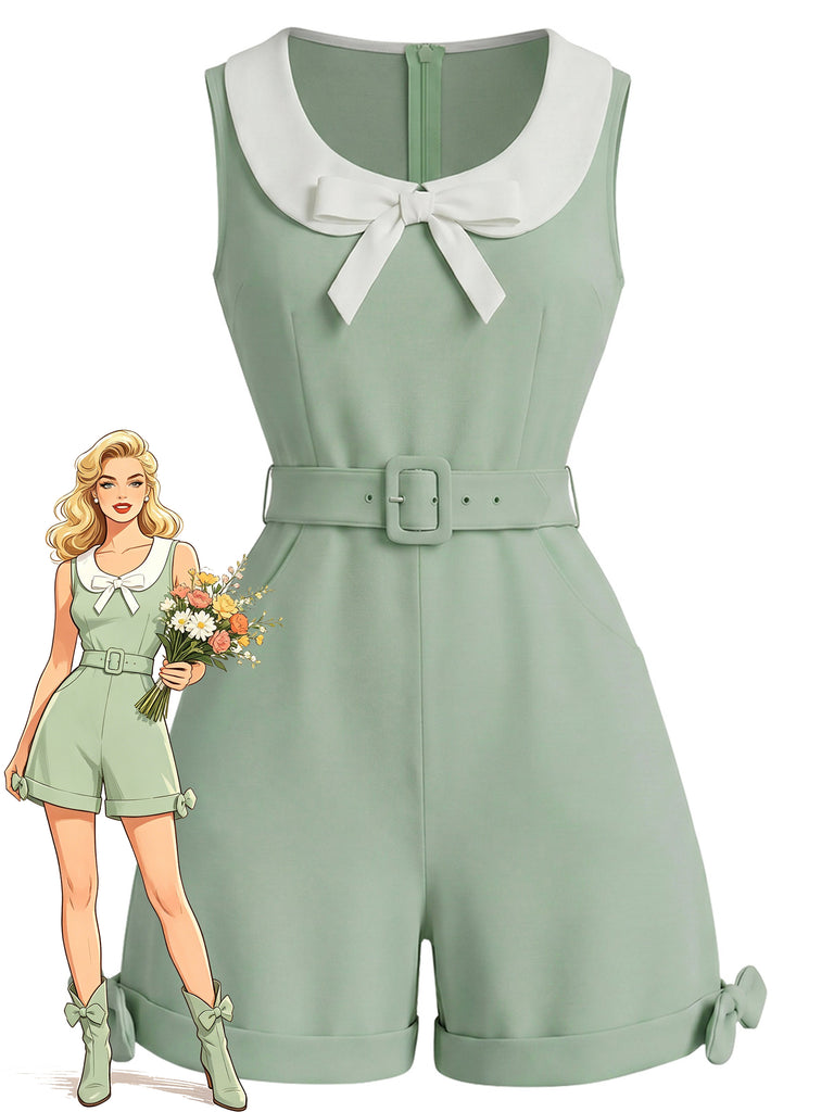 Sage Green 1950s Bow Peter Pan Collar Belted Romper, vintage romper, retro jumpsuit - perfect for women who love vintage and retro fashion
