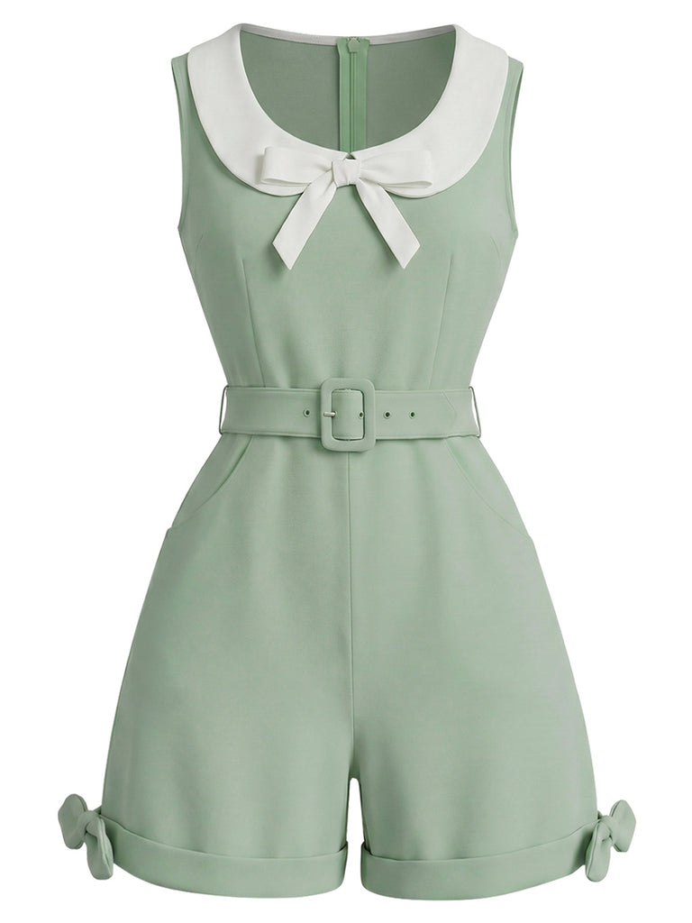 Sage Green 1950s Bow Peter Pan Collar Belted Romper, vintage romper, retro jumpsuit - perfect for women who love vintage and retro fashion