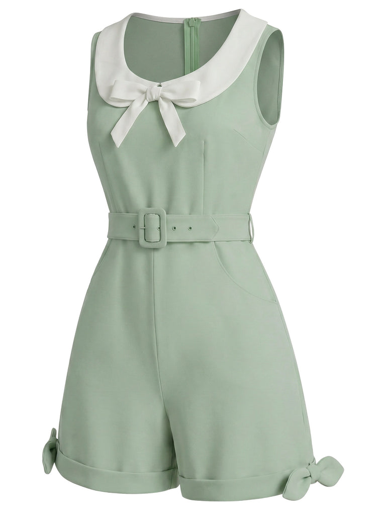 Sage Green 1950s Bow Peter Pan Collar Belted Romper, vintage romper, retro jumpsuit - perfect for women who love vintage and retro fashion