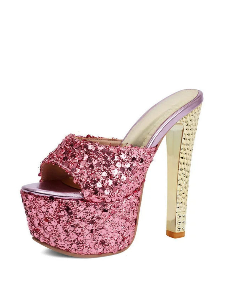 Sequin High Heel Chunky Heel Shoes 8