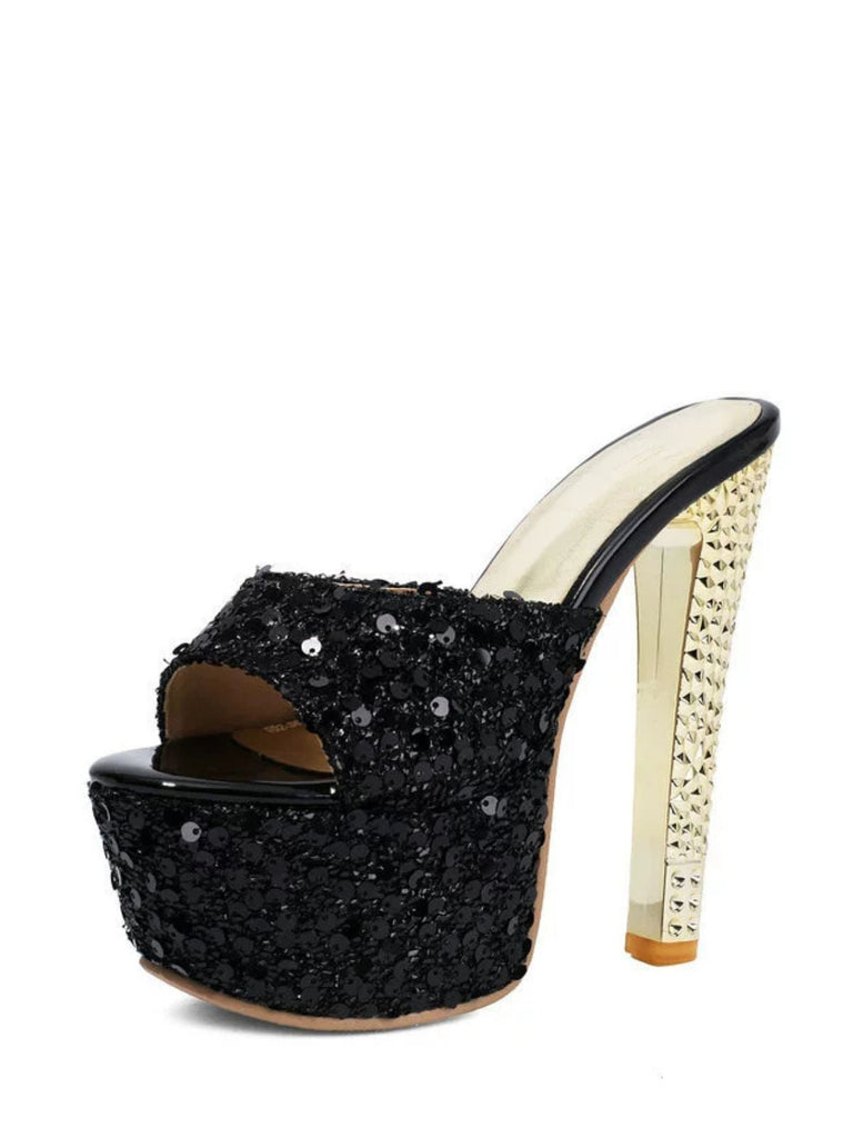 Sequin High Heel Chunky Heel Shoes