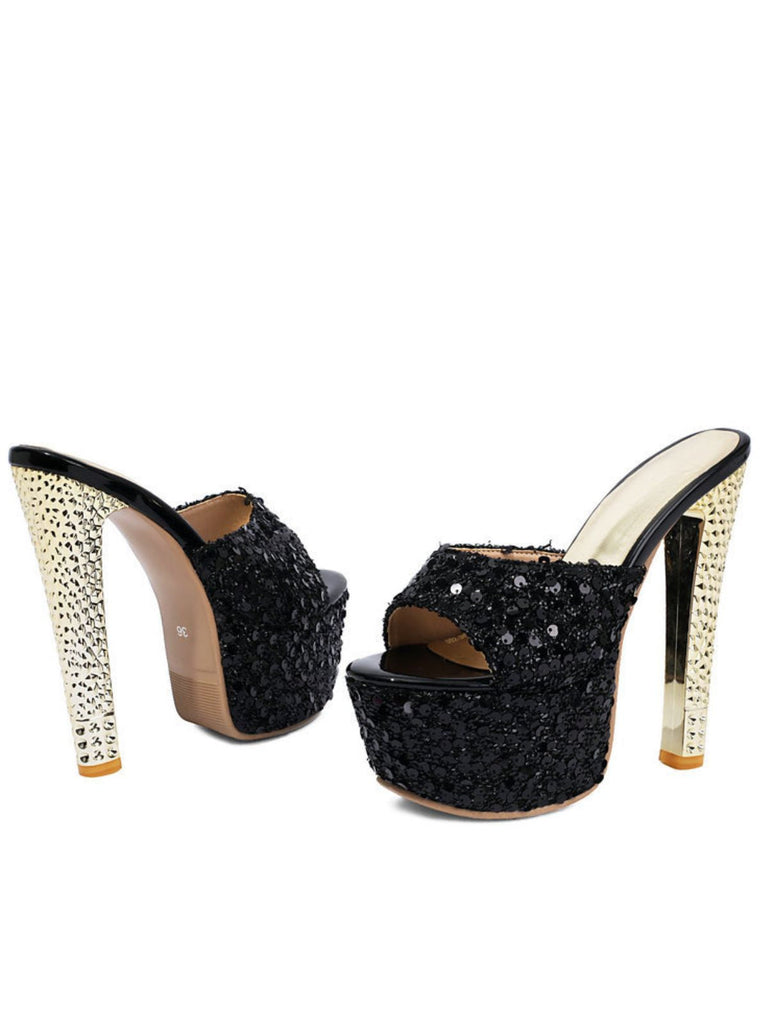 Sequin High Heel Chunky Heel Shoes 2