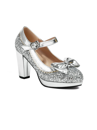 She finds her vintage story in this Sequined Bow Chunky High Heels